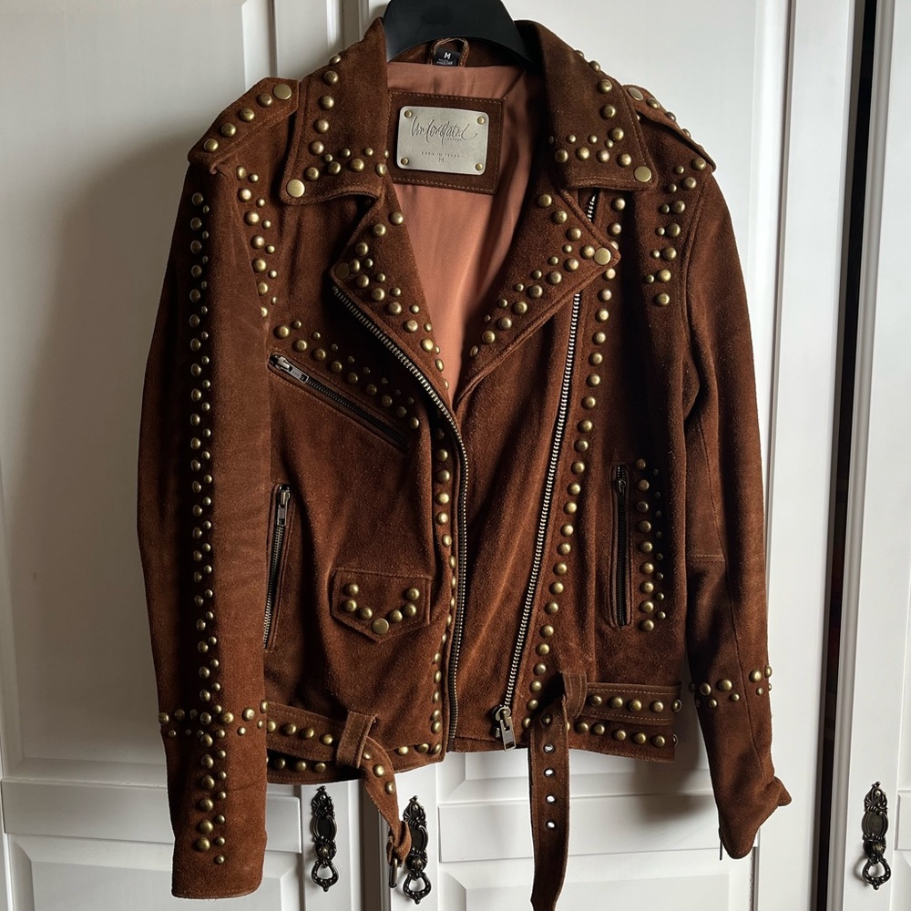 Understated Leather Suede Dome Studded Jacket women’s size M brown brass moto